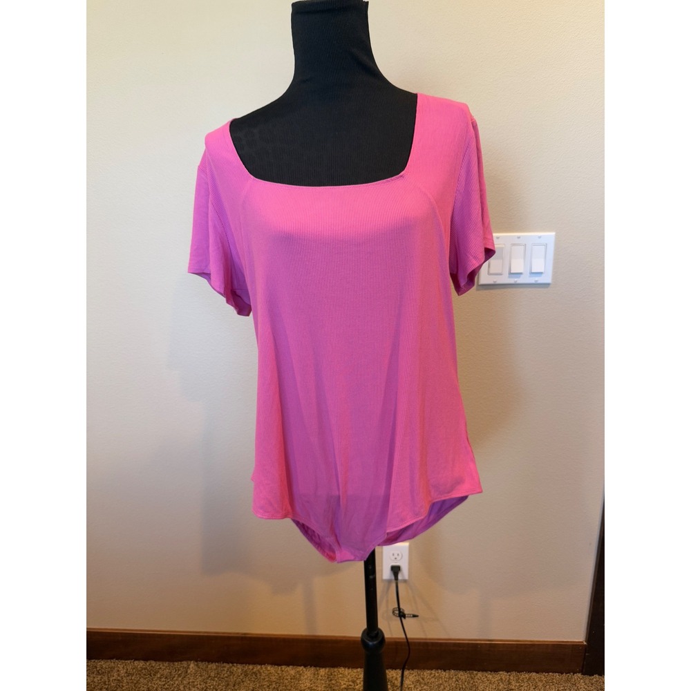 Gilli Madical Square Neck Knit Bodysuit Top 3X Pink Short Sleeve